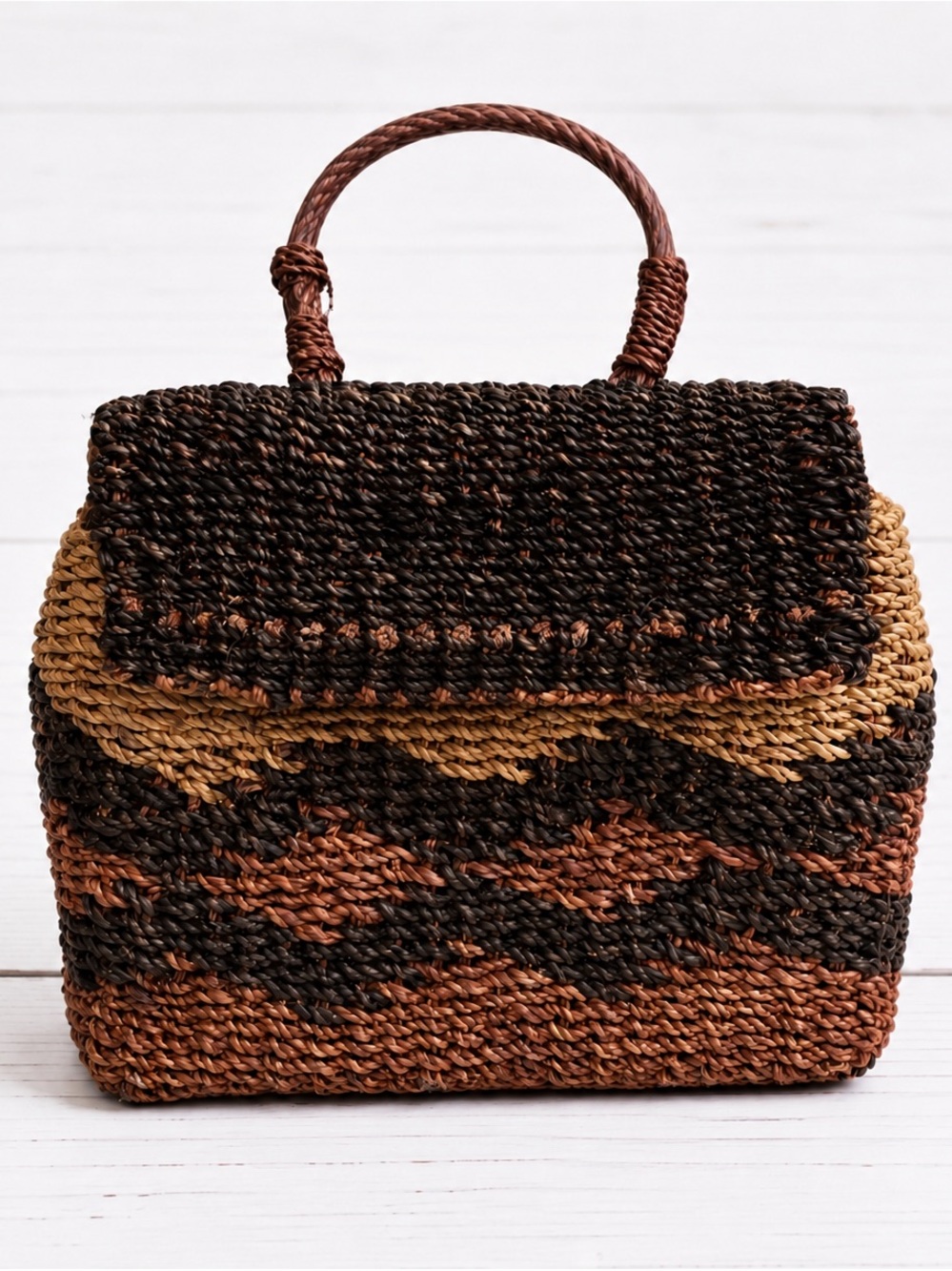 Relativity Handwoven Top-Handle Tote in Brown, Black & Tan